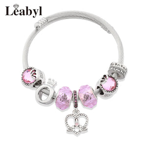 Birds Flowers Bead Bracelet Pink Crystal Charm Bangle Jewelry