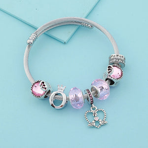 Birds Flowers Bead Bracelet Pink Crystal Charm Bangle Jewelry