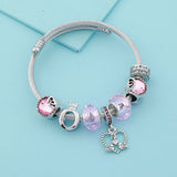 Birds Flowers Bead Bracelet Pink Crystal Charm Bangle Jewelry