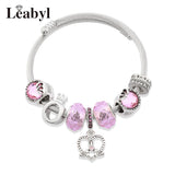 Birds Flowers Bead Bracelet Pink Crystal Charm Bangle Jewelry
