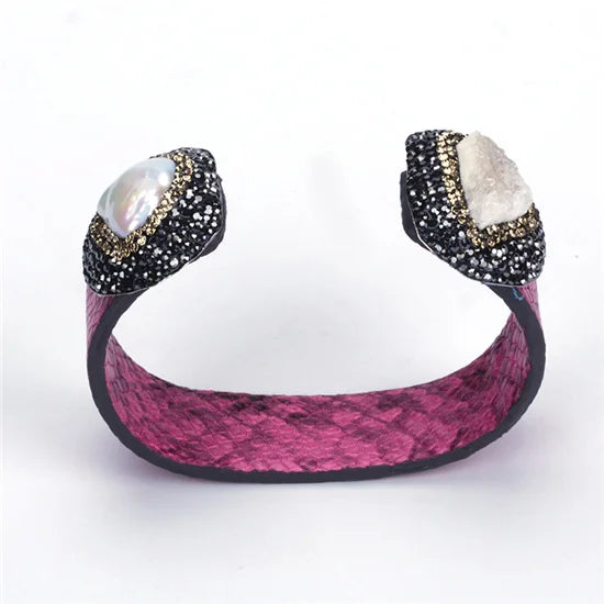Snake Leather Rhinestone Shell Cuff Bangle 6 Colors