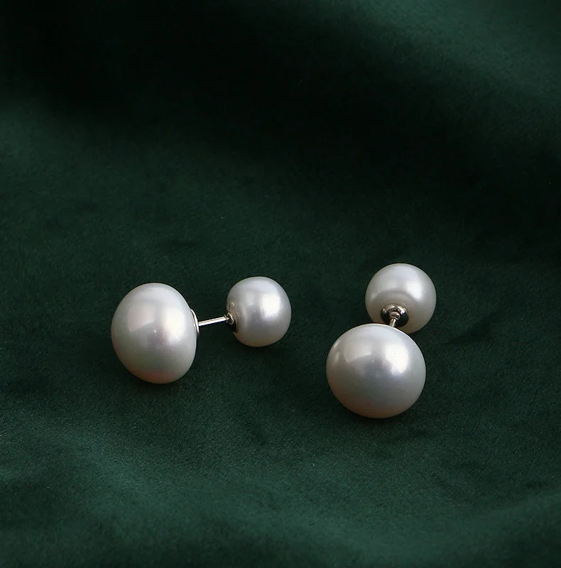 925 Silver Freshwater Stud Earring Double Irregular Pearl Ball Jewelry
