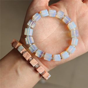 Opal Beaded Bracelet Cube Stone Charm Elastic Jewelry