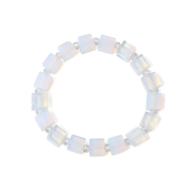 Opal Beaded Bracelet Cube Stone Charm Elastic Jewelry