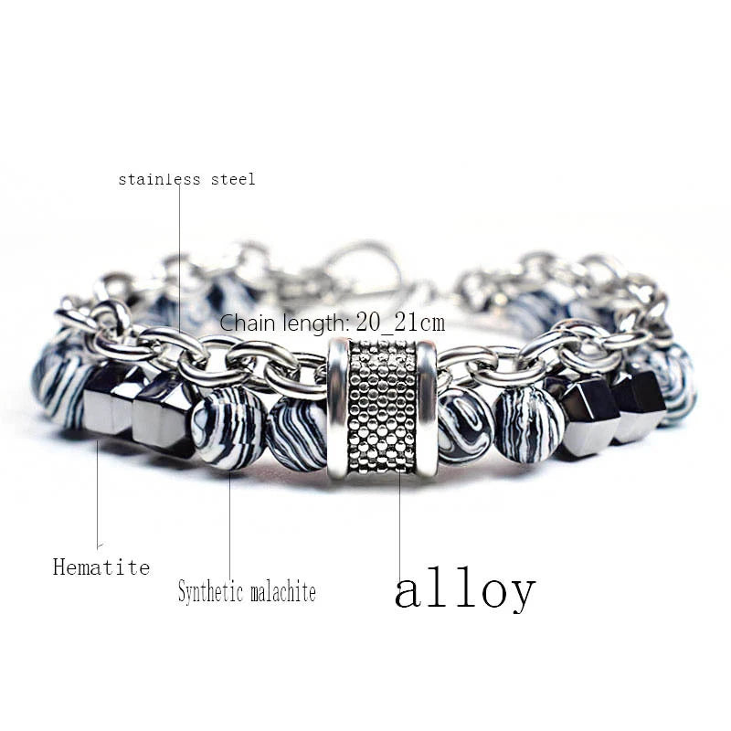 Stainless Steel Chain Malachite Stone Men's Bracelet