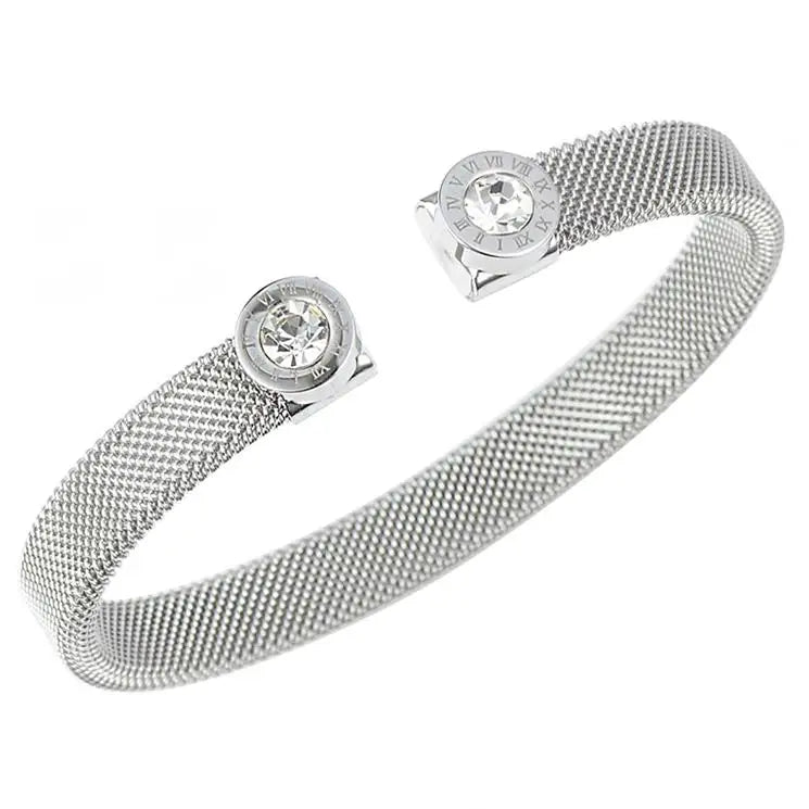 Stainless Steel Cuff Bangle Bracelet for Women CZ Roman Letter Wristband