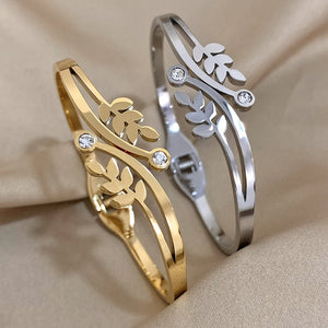 Stainless Steel Wheat Cuff Bracelet Rhinestone Bangles for Women