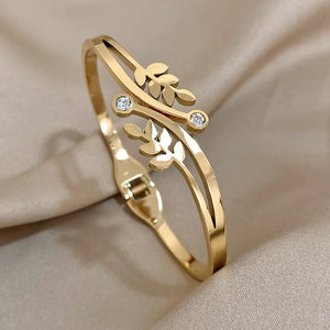Stainless Steel Wheat Cuff Bracelet Rhinestone Bangles for Women