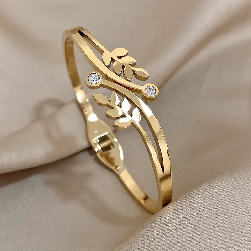 Stainless Steel Wheat Cuff Bracelet Rhinestone Bangles for Women