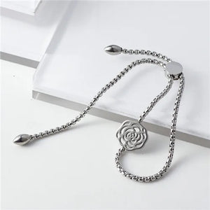 Stainless Steel Flower Adjustable Bracelet Rose CZ Heart Charm Bangle