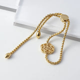 Stainless Steel Flower Adjustable Bracelet Rose CZ Heart Charm Bangle
