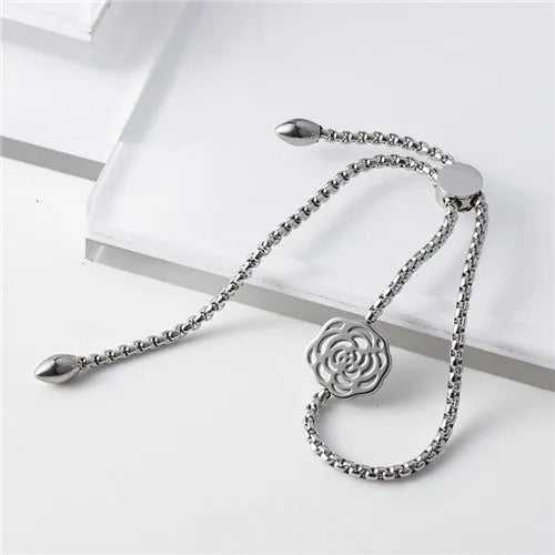 Stainless Steel Flower Adjustable Bracelet Rose CZ Heart Charm Bangle