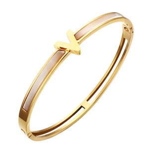 Stainless Steel V Letter Cuff Charm Bangle