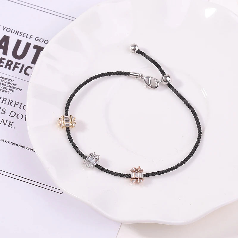 Adjustable Thread Bracelet Three-Color Metal Cube Zircon Jewelry Gift