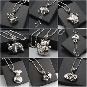 Titanium Lucky Cat Pig Sweater Necklace Antique Silver Long Necklace Women