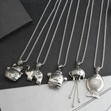 Titanium Lucky Cat Pig Sweater Necklace Antique Silver Long Necklace Women