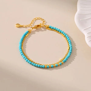 Turquoise Beads Plated 18K Double Layer Chain Bracelet For Women B028