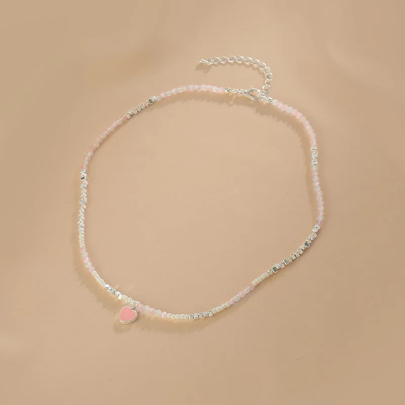 Heart Necklace Pink Stone Beaded Pendant for Women