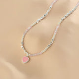 Heart Necklace Pink Stone Beaded Pendant for Women