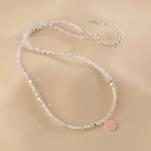 Heart Necklace Pink Stone Beaded Pendant for Women
