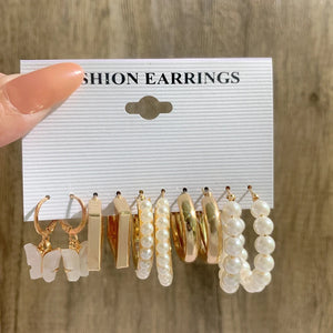 Vintage Butterfly Heart Geometric Pearl Hoop Earrings Set Colorful Resin Jewelry