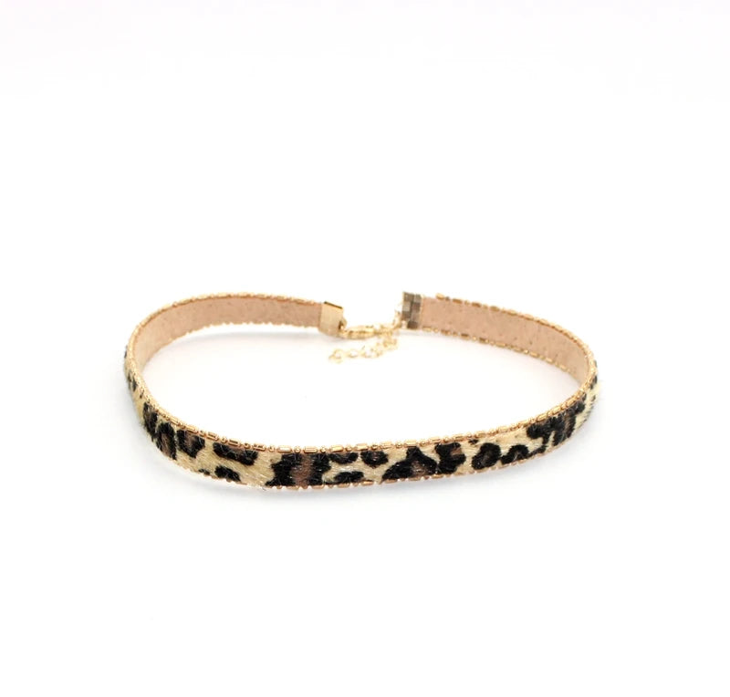 Vintage Leopard-print Leather Choker Necklace Women Jewelry