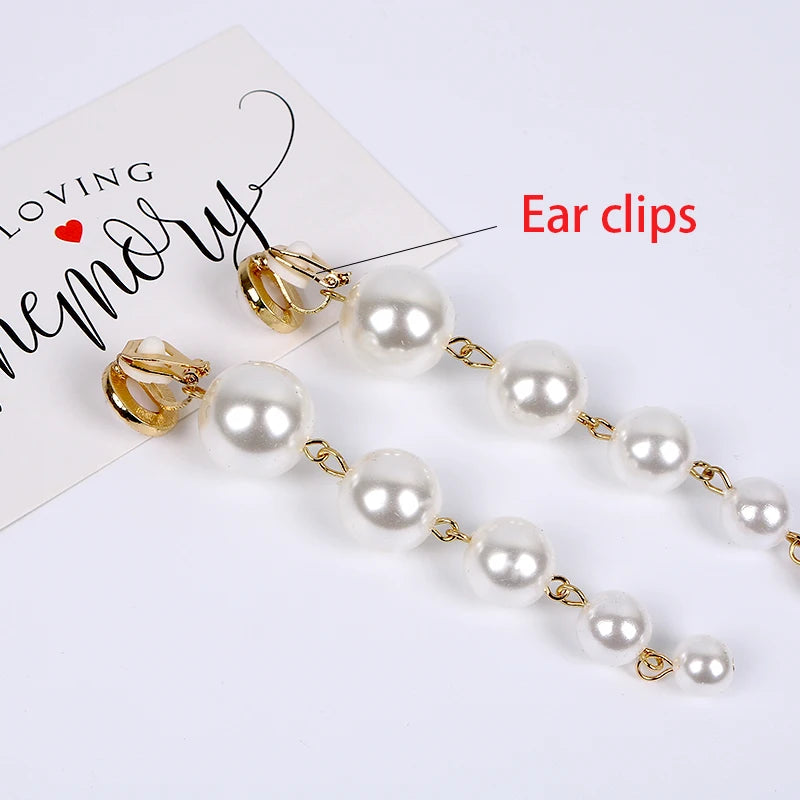 Vintage Simulated Pearl Dangle Clip-On Earrings for Women Wedding Party