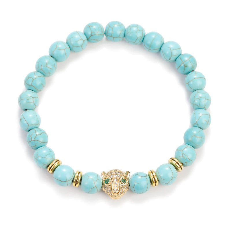Turquoise Stone Charm Bracelet Men Wood Beads Bracelet Leopard Bracelets&Bangles