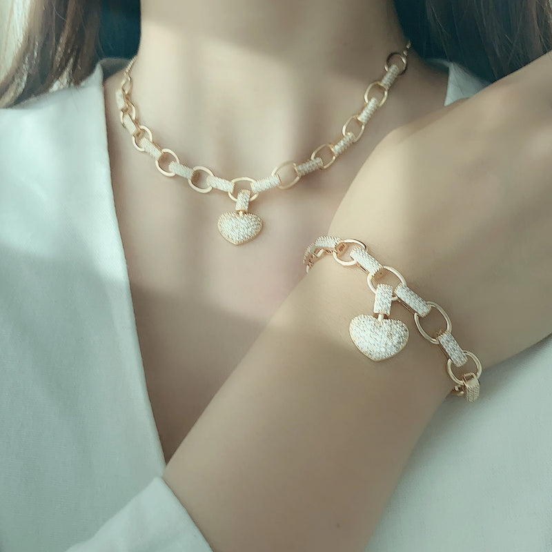 Zircon Heart Shape Pendant Necklace Bracelet Set