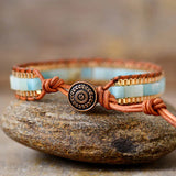 Women Amazonite Plated Chain Leather Bracelet Bohemian Healing Jewelry