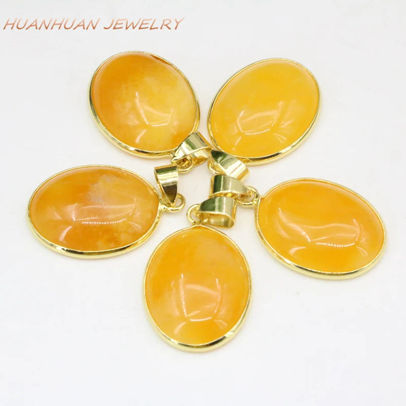 Yellow Oval Natural Jade Stone Pendant Women 18x27mm Necklace Pendant B3345