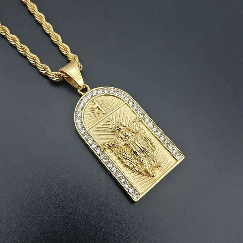 Zircon Inlaid Catholic Church Cross Pendant Charm Men's Jewelry