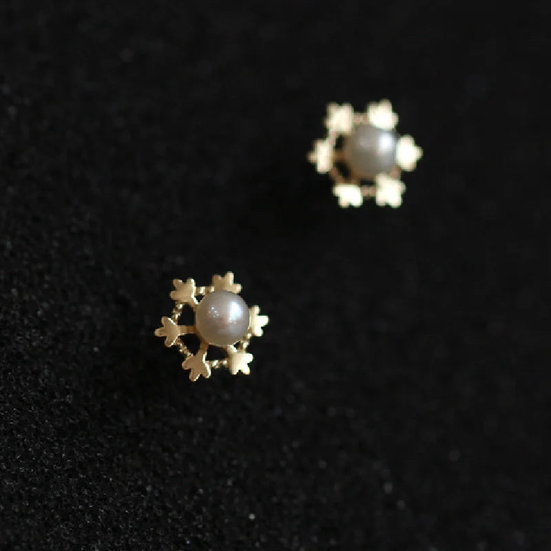 Snowflake Pearl Earrings 925 Silver Stud Accessory for Women