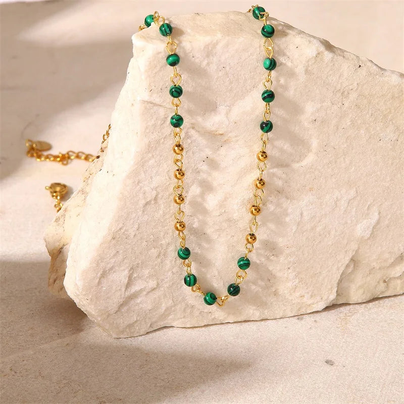 Green Stone Ball Chain Necklace for Women Vintage Jewelry