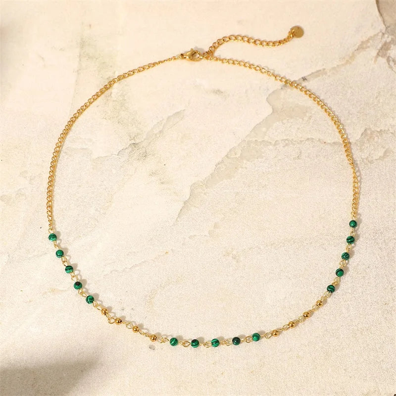 Green Stone Ball Chain Necklace for Women Vintage Jewelry