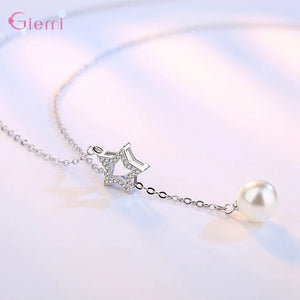 925 Silver Crystal Five Stars Pendant Pearl Necklace Choker Jewelry