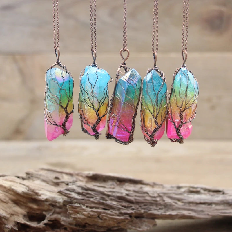 Tri-color Crystal Quartz Point Nugget Pendant Necklace