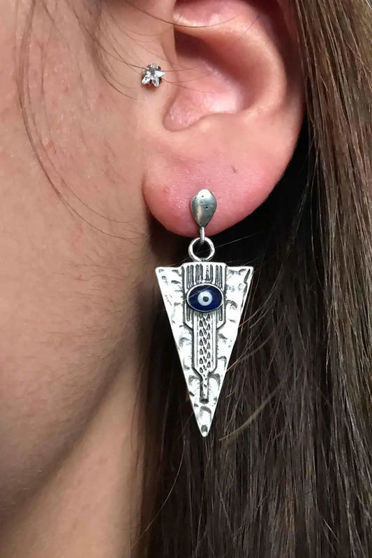 Triangle Evil Eye Eye Motif Oxidized Filigree Silver Lady Earrings