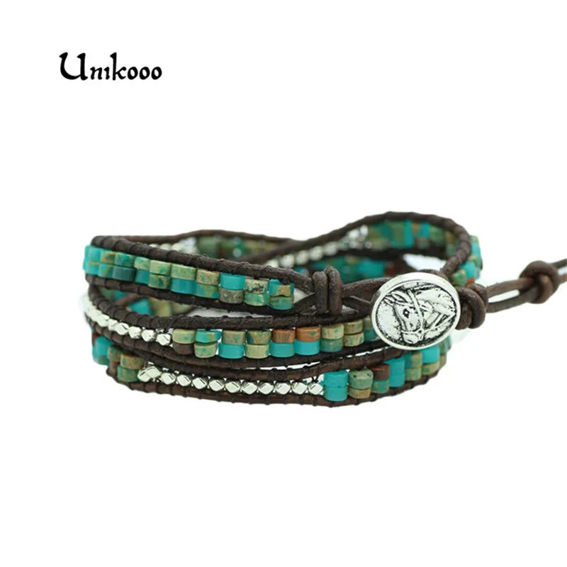 Snakeskin Stone Leather Wrap Bracelet Multilayer Beaded Rope Jewelry