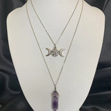 Triple Moon Goddess Purple Stone Necklace Double Layer Crystal Pendant