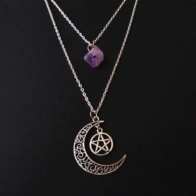 Triple Moon Goddess Purple Stone Necklace Double Layer Crystal Pendant