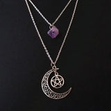 Triple Moon Goddess Purple Stone Necklace Double Layer Crystal Pendant