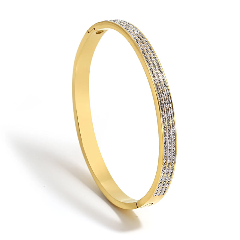 Triple Row Rhinestone Bracelet Stainless Steel Bangle
