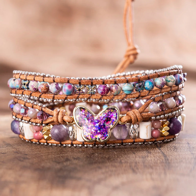 Opal Butterfly Bracelets Stainless Steel Beaded Chain Leather Bangles