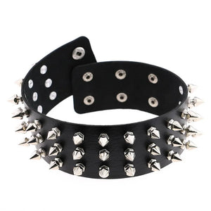 Triple Row Rivet Spike Leather Collar Choker Necklace
