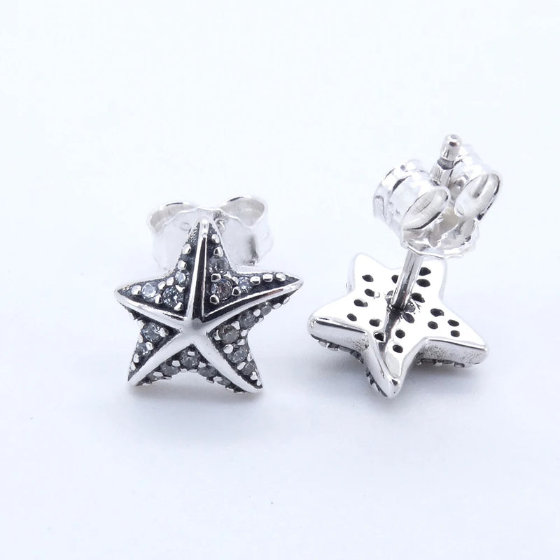 Tropical Starfish Stud Earrings Clear Crystals Sterling Silver Jewelry