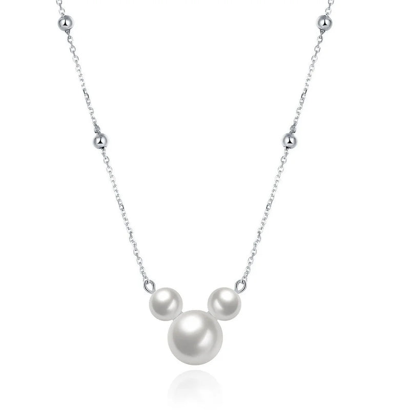 925 Silver Pearl Necklace Mickey Head Charm Pendant