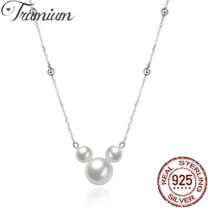 925 Silver Pearl Necklace Mickey Head Charm Pendant