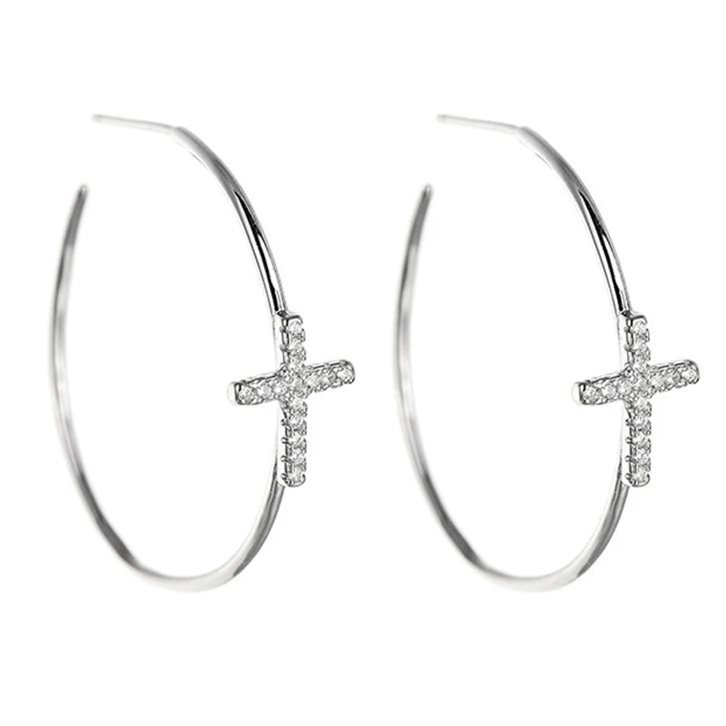 925 Silver Circle Cross Hoop Earrings Women Fine Jewelry