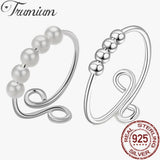 925 Silver Anxiety Ring Spiral Pearl Rotate Beads Anti Stress Toy For Women